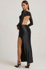 Pearl-Detail Cut-Out Maxi Dress in Black