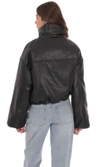 Faux Leather Cropped Puffer Jacket in Black