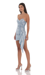 Metallic Corset Tassel Dress in Light Blue