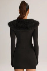 Knit Faux Fur-Trim Cardigan in Black