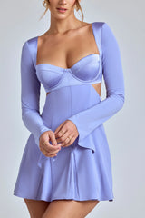 Long Sleeve Godet Mini Dress in Blue Lavender