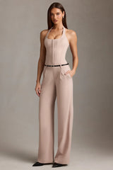 Corset-Detail Halterneck Jumpsuit in Mushroom
