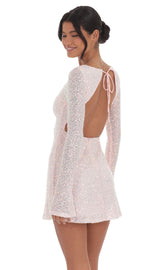 Sequin Long Sleeve Open Back Dress in Pink