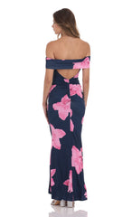 Off Shoulder Pink Floral Maxi Dress in Navy