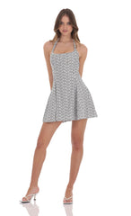 Floral Striped Halter Open Back Dress in Black and White