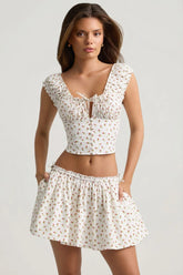 Ruched Cotton-Poplin Mini Skirt in Rose Print