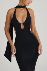 Scarf-Detail Cut-Out Halterneck Maxi Dress in Black
