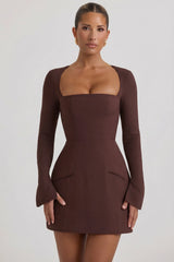 Square-Neck Structured Tulip Mini Dress in Chocolate Brown