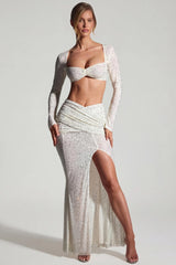 Embellished Long-Sleeve Crop Top in White