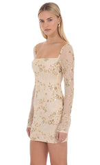 Beaded Long Sleeve Mini Dress in Champagne