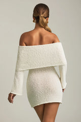 Bouclé Off-Shoulder Mini Dress in White