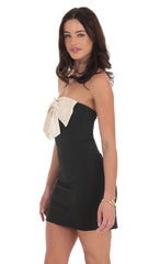 Satin Front Bow Strapless Dress in Black