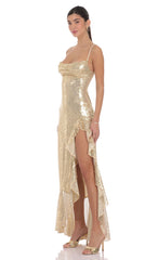 Sequin Ruffle Maxi Dress in Gold