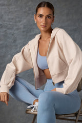 Brushed Jersey Zip-Up Cropped Hoodie in Washed Cream