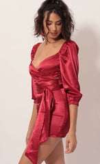 Puff Sleeve Wrap Dress in Red Satin