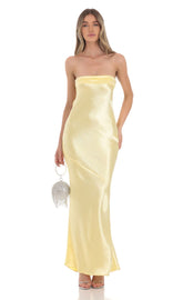 Strapless Satin Maxi Dress in Yellow