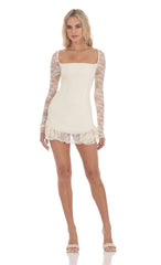 Long Lace Sleeve Ruffle Dress in Cream