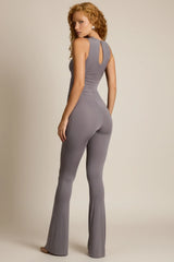 Asymmetric Ruched Flared Jumpsuit in Steel Grey