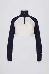 Ribbed Knit Quarter-Zip Cropped Jumper in Classic Navy