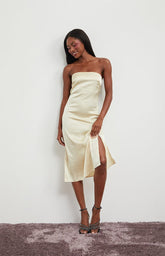 Beverly and Beck Strapless Satin Midi Dress
