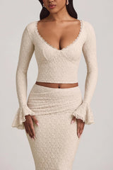 Ruffle Long-Sleeve Lace Top in Ivory