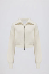 Ribbed Knit Zip-Up Cropped Sweatshirt in Ivory