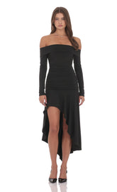 Asymmetrical Off Shoulder Dress in Black