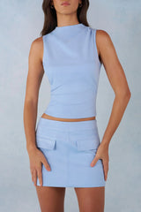 Faux Suede Turtleneck Top in Soft Blue