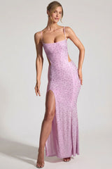 Embellished Cut-Out Fishtail Maxi Dress in Peony Pink