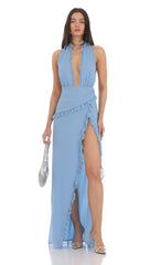 Plunge Neck Halter Dress in Blue