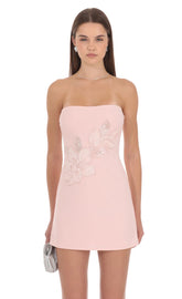 Beaded Floral Mini Dress in Pink