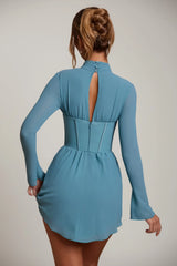 Long Sleeve Plunge Neck Mini Dress in Teal
