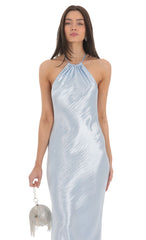 Rhinestone Satin Open Back Maxi Dress in Blue