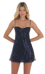 Sequin Babydoll Dress in Navy