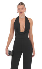 Halter Plunge Neck Jumpsuit in Black