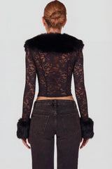 Sheer Lace Faux-Fur-Trim Cardigan in Black
