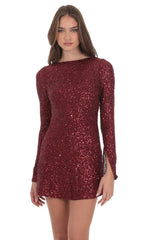 Sequin Long Sleeve Open Back Dress in Maroon