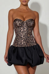 Cut-Out Bubble Hem Corset Mini Dress in Leopard Print