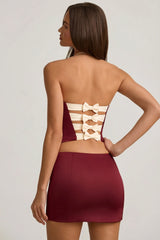 Satin Bow-Detail Low-Rise Mini Skirt in Wine Red