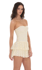 Lace Strapless Ruched Ruffle Dress in Cream
