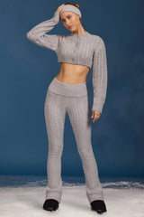 Cable Knit Foldover Flared Trousers in Grey Marl