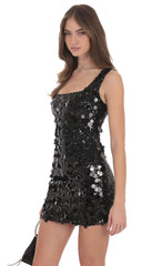 Circle Sequin Square Neck Dress in Black