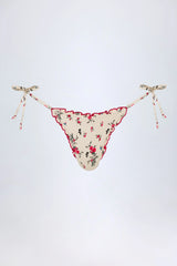 Side-Tie Thong Bikini Bottoms in Red Floral