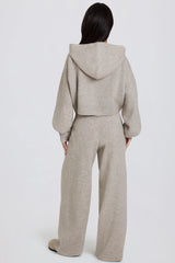 Knit Mid-Rise Wide-Leg Joggers in Beige