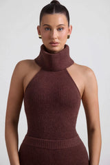 Ribbed-Knit Turtleneck Backless Top in Espresso
