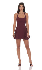 Pinstripe Halter Fit and Flare Dress in Burgundy