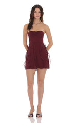 Chiffon Rosette Ruffle Dress in Burgundy