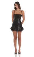 Sequin Ruffle Dress in Black