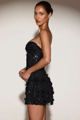 Embellished Bandeau A-line Mini Dress in Black