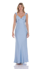 Satin Ruffle Open Maxi Dress in Light Blue
